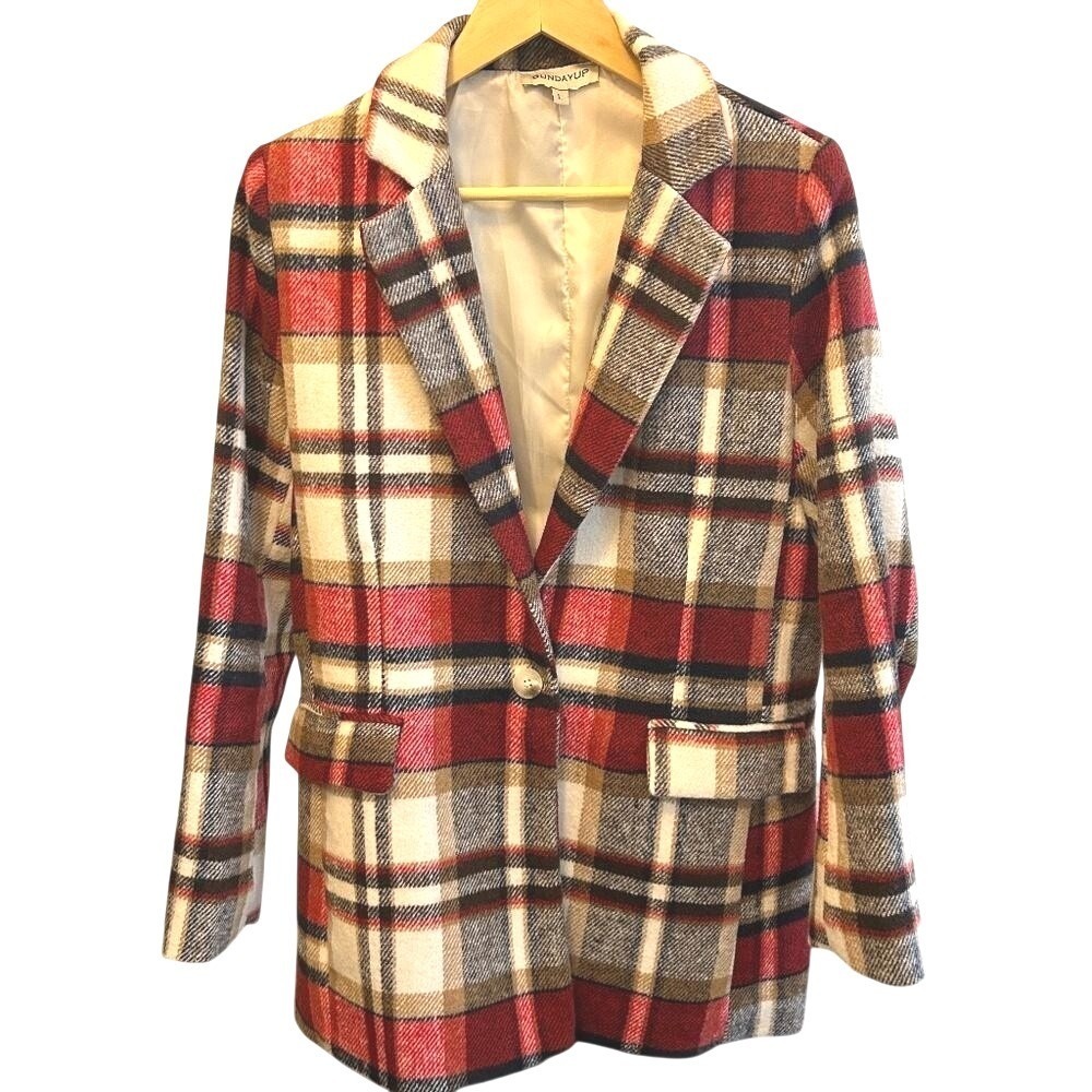 SUNDAYUP Women's Plaid Blazer Red Tan Black Oversized Lapel Single Button Large